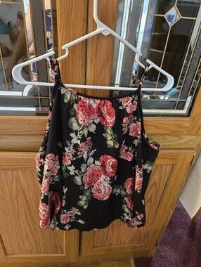 Floral Spaghetti-Strap Cami Top - Black with Pink Rose Print